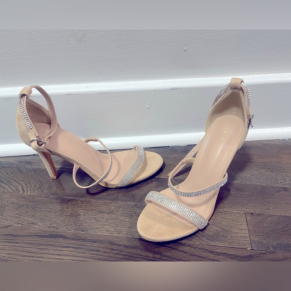 New formal strappy heels for wedding or event. Nude with silver.